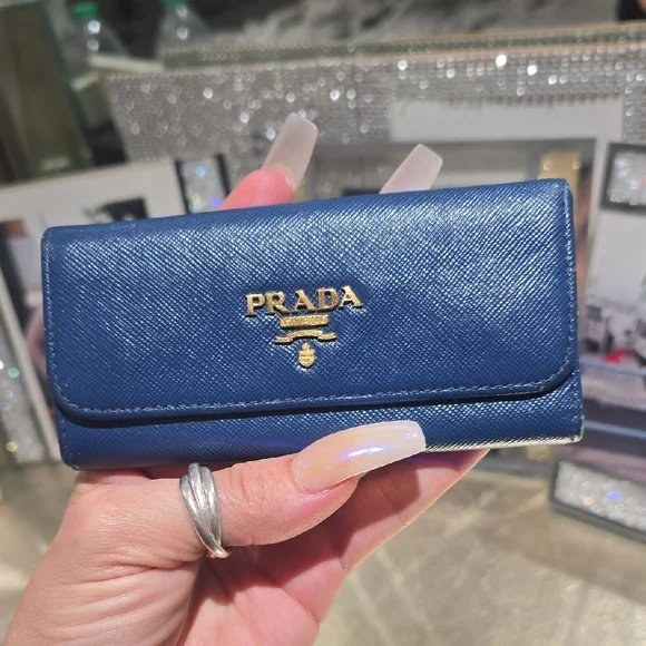 Prada Dark Blue Card And Key Holder Rare Size EUC AUTHENTIC